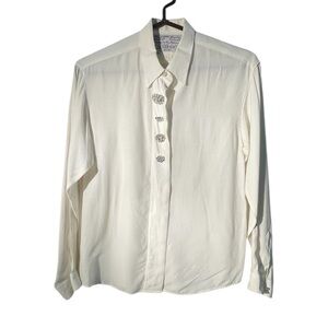 Bellows Brut Le Garage Classic Button Down White Blouse Gemstones Rhinestones S